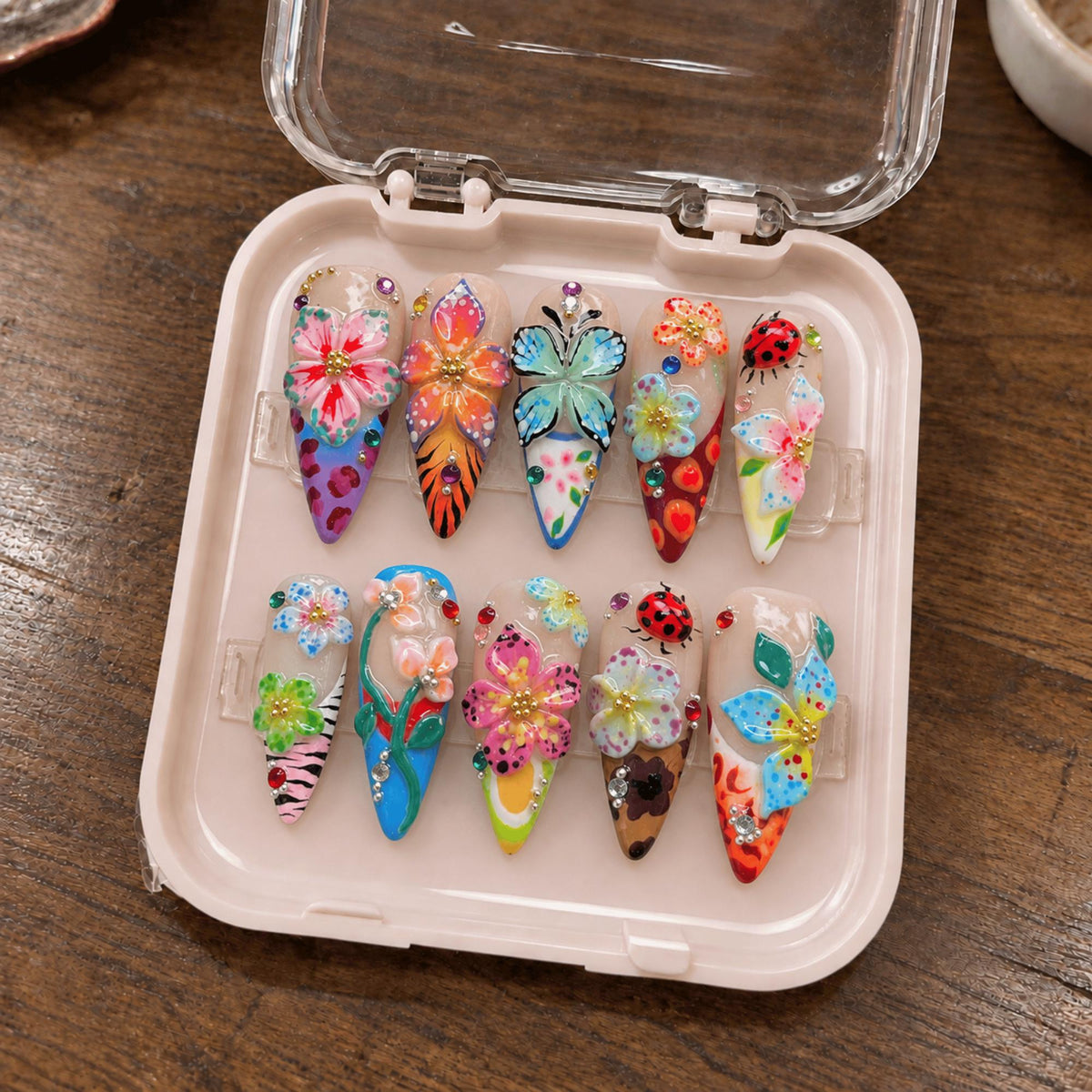 3D Flower Press On Nails, Colorful Butterfly Ladybug Garden Nails