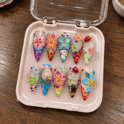 3D Flower Press On Nails, Colorful Butterfly Ladybug Garden Nails