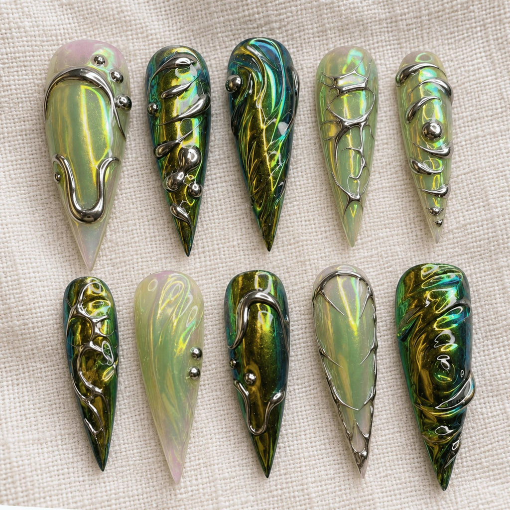 Green Chrome Press On Nails, 3D Silver Alien Nails, Iridescent Futuristic Stiletto Nails