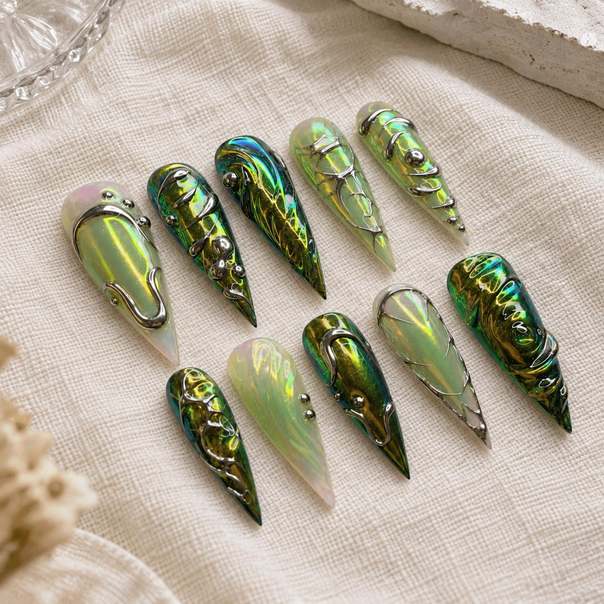 Green Chrome Press On Nails, 3D Silver Alien Nails, Iridescent Futuristic Stiletto Nails