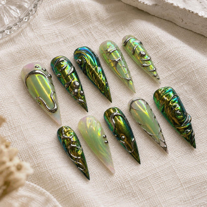 Green Chrome Press On Nails, 3D Silver Alien Nails, Iridescent Futuristic Stiletto Nails