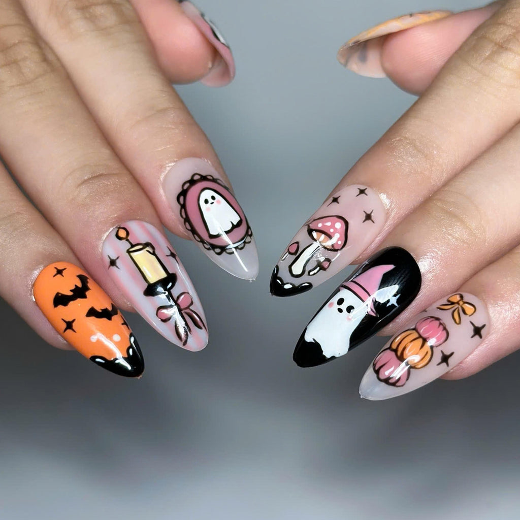 Halloween Press On Nails | Cute Ghost Pumpkin Nails | Witch Hat & Bat Nail Art | Spooky Orange Pink Nails | Handmade Press Ons | JC683UG
