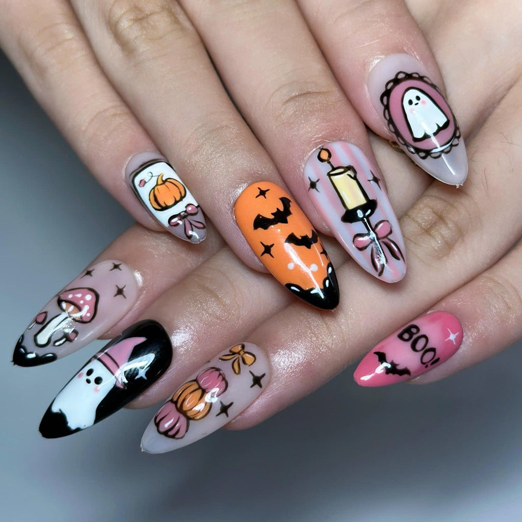 Halloween Press On Nails | Cute Ghost Pumpkin Nails | Witch Hat & Bat Nail Art | Spooky Orange Pink Nails | Handmade Press Ons | JC683UG
