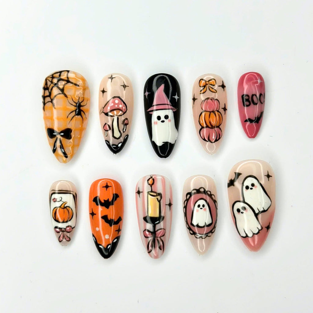 Halloween Press On Nails | Cute Ghost Pumpkin Nails | Witch Hat & Bat Nail Art | Spooky Orange Pink Nails | Handmade Press Ons | JC683UG