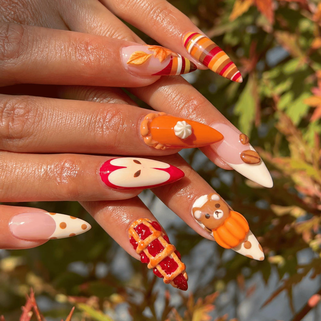 Cozy Fall Press On Nails, 3D Apple Pie Pumpkin Nails, Cute Autumn Nail Art