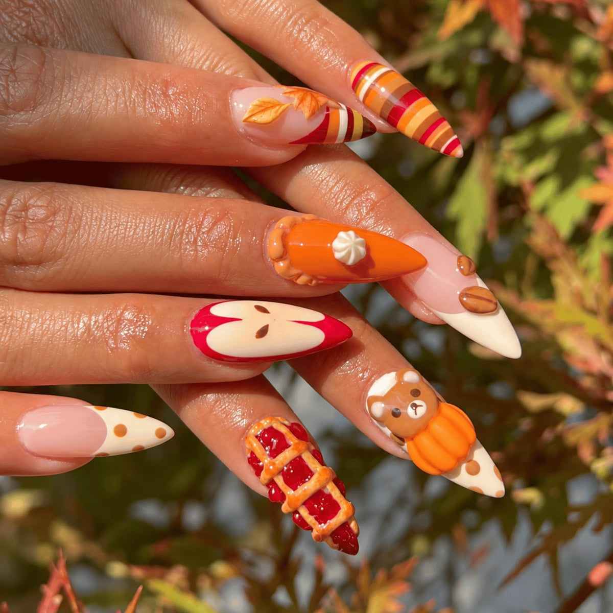 Cozy Fall Press On Nails, 3D Apple Pie Pumpkin Nails, Cute Autumn Nail Art
