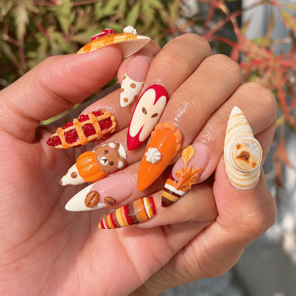 Cozy Fall Press On Nails, 3D Apple Pie Pumpkin Nails, Cute Autumn Nail Art