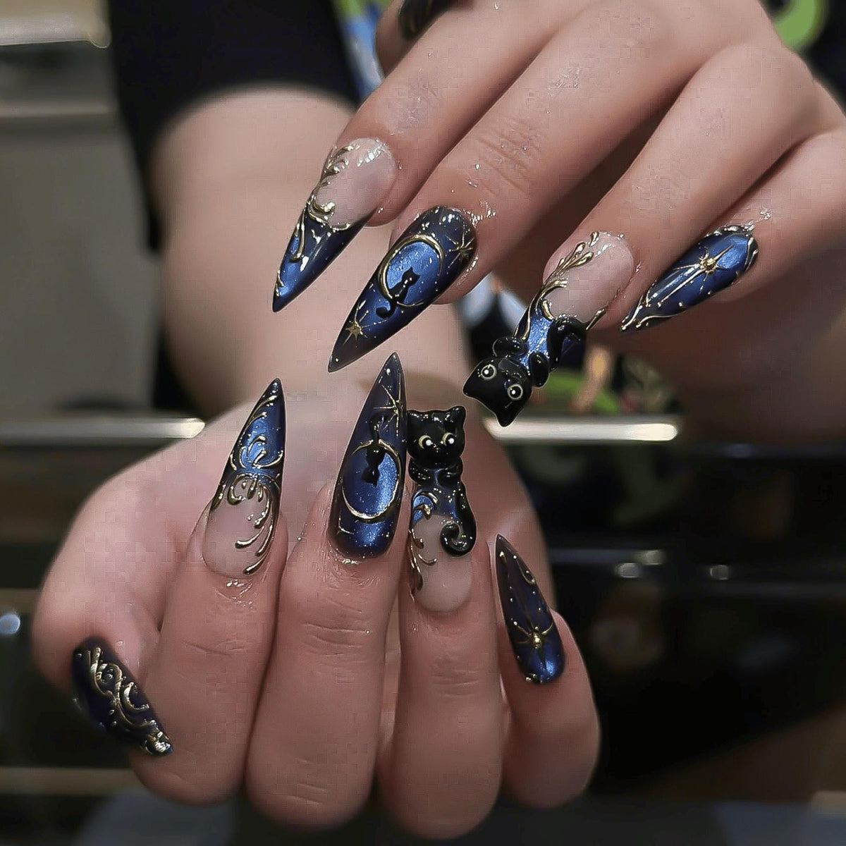 3D Black Cat Halloween Press On Nails, Celestial Galaxy Moon Star Nail Art