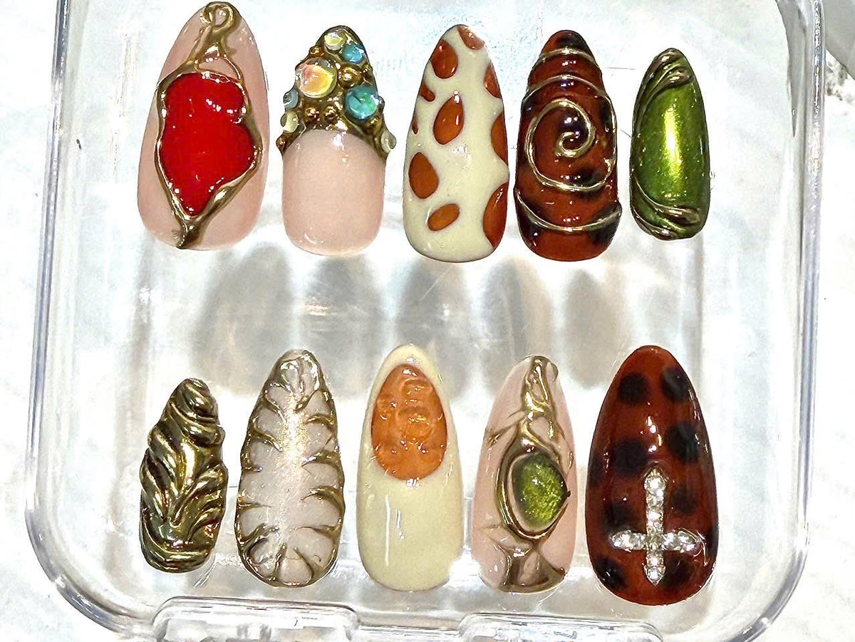 Gold Press-On Nails, Brown Green Gold, Ruby Gem, 3D Artistic Design