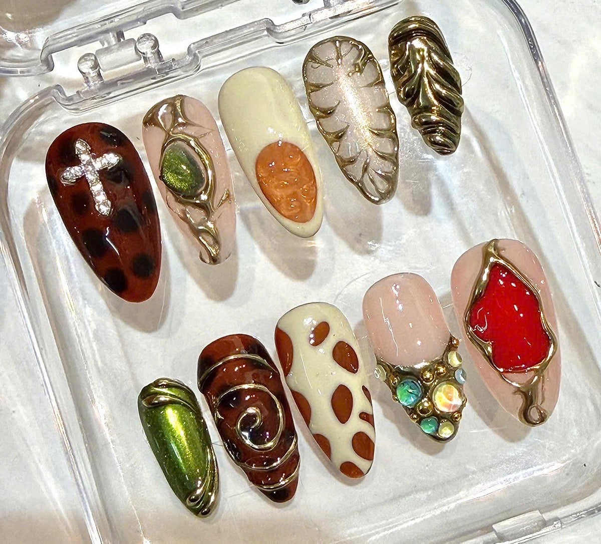 Gold Press-On Nails, Brown Green Gold, Ruby Gem, 3D Artistic Design