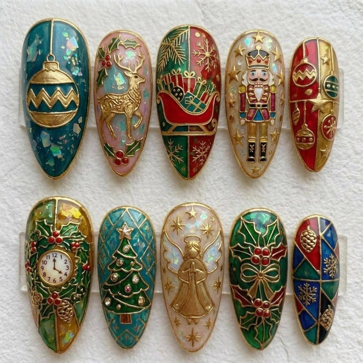 Stained Glass Christmas Press On Nails, 3D Nutcracker Reindeer Sleigh Ornament Nails, Custom Holiday Nails