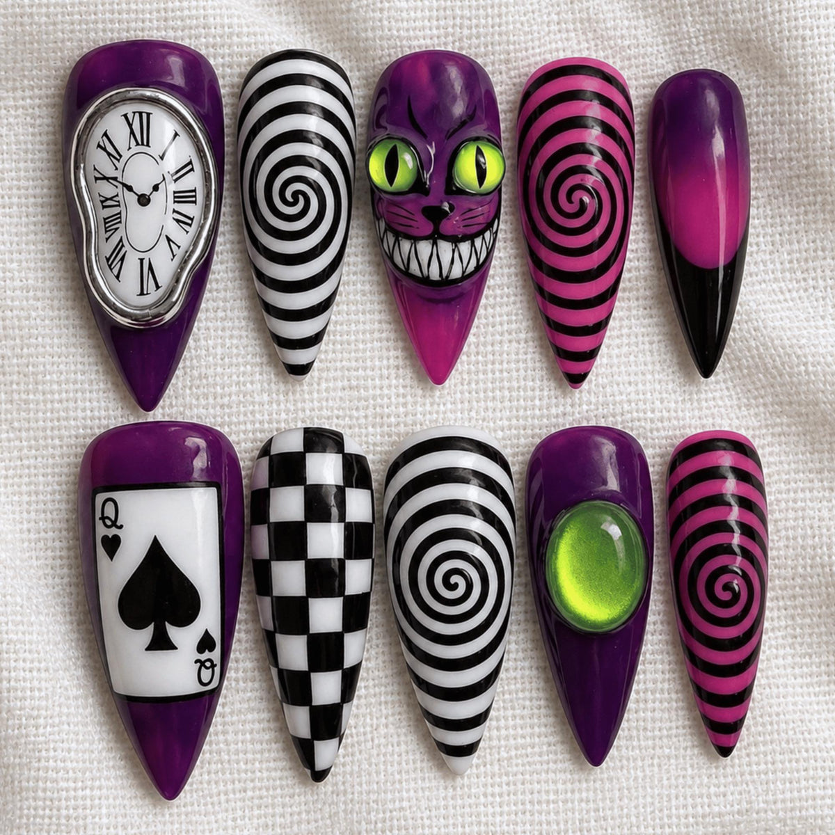 Gothic Cat Press On Nails, Purple Halloween Spooky Nails, Hypnotic Spiral Nail Art