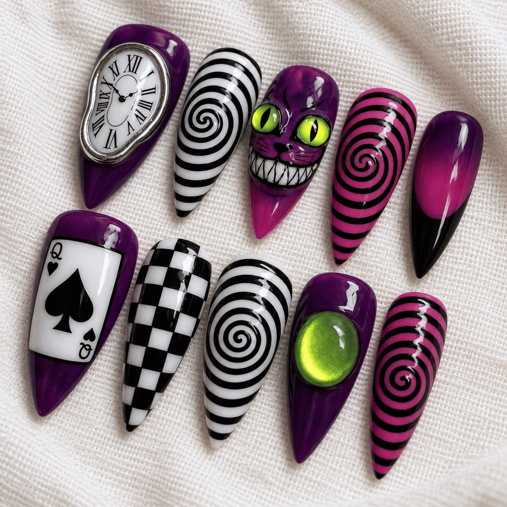 Gothic Cat Press On Nails, Purple Halloween Spooky Nails, Hypnotic Spiral Nail Art