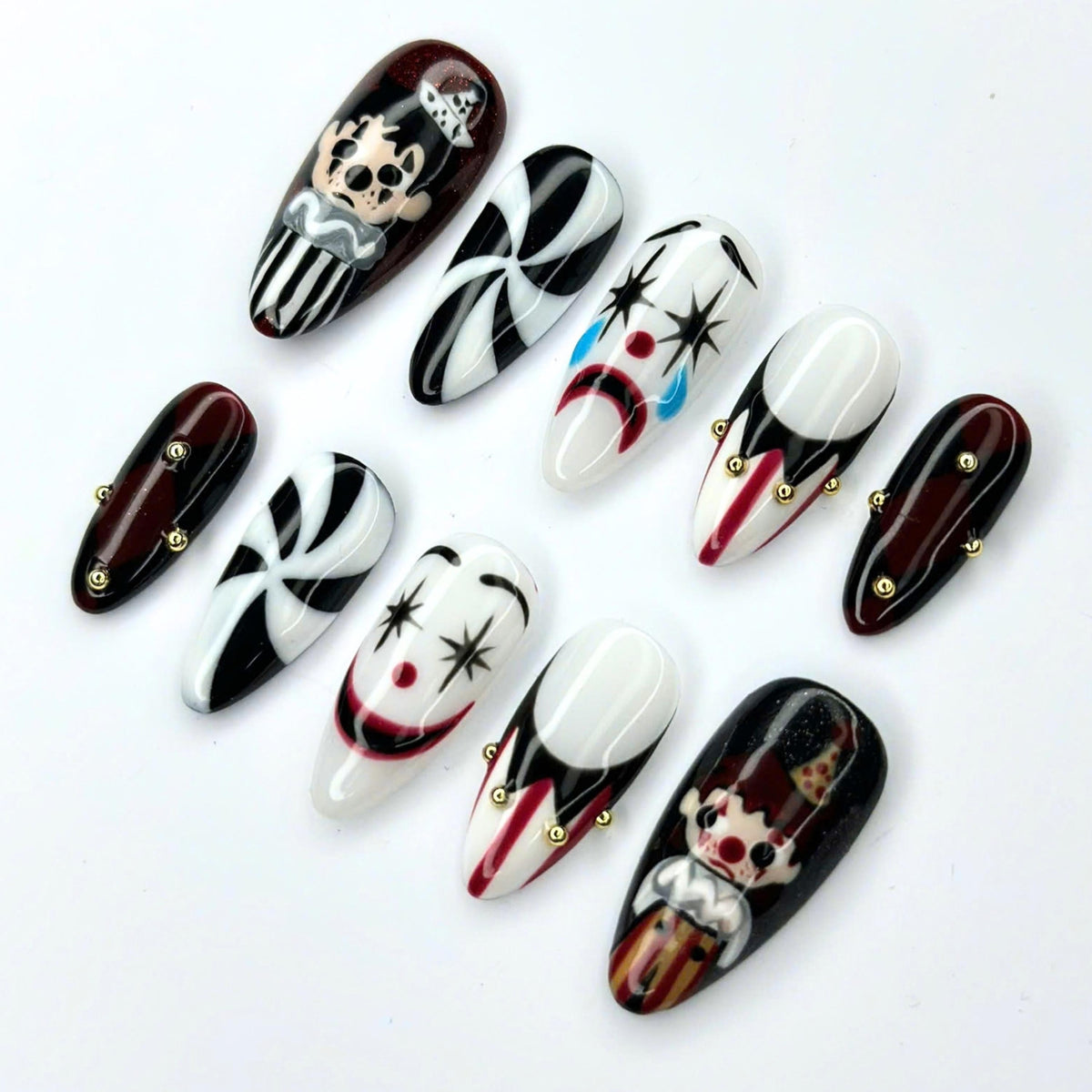 Artistic Clown Press On Nails | Creepy Circus Nail Art | Black White Red Jester Nails | Dark Carnival Handmade Press Ons | JC686UC