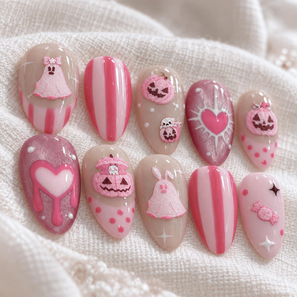 Pink Halloween Press On Nails, 3D Ghost Pumpkin Nail Art, Kawaii Spooky Nails