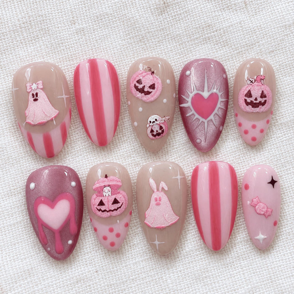 Pink Halloween Press On Nails, 3D Ghost Pumpkin Nail Art, Kawaii Spooky Nails