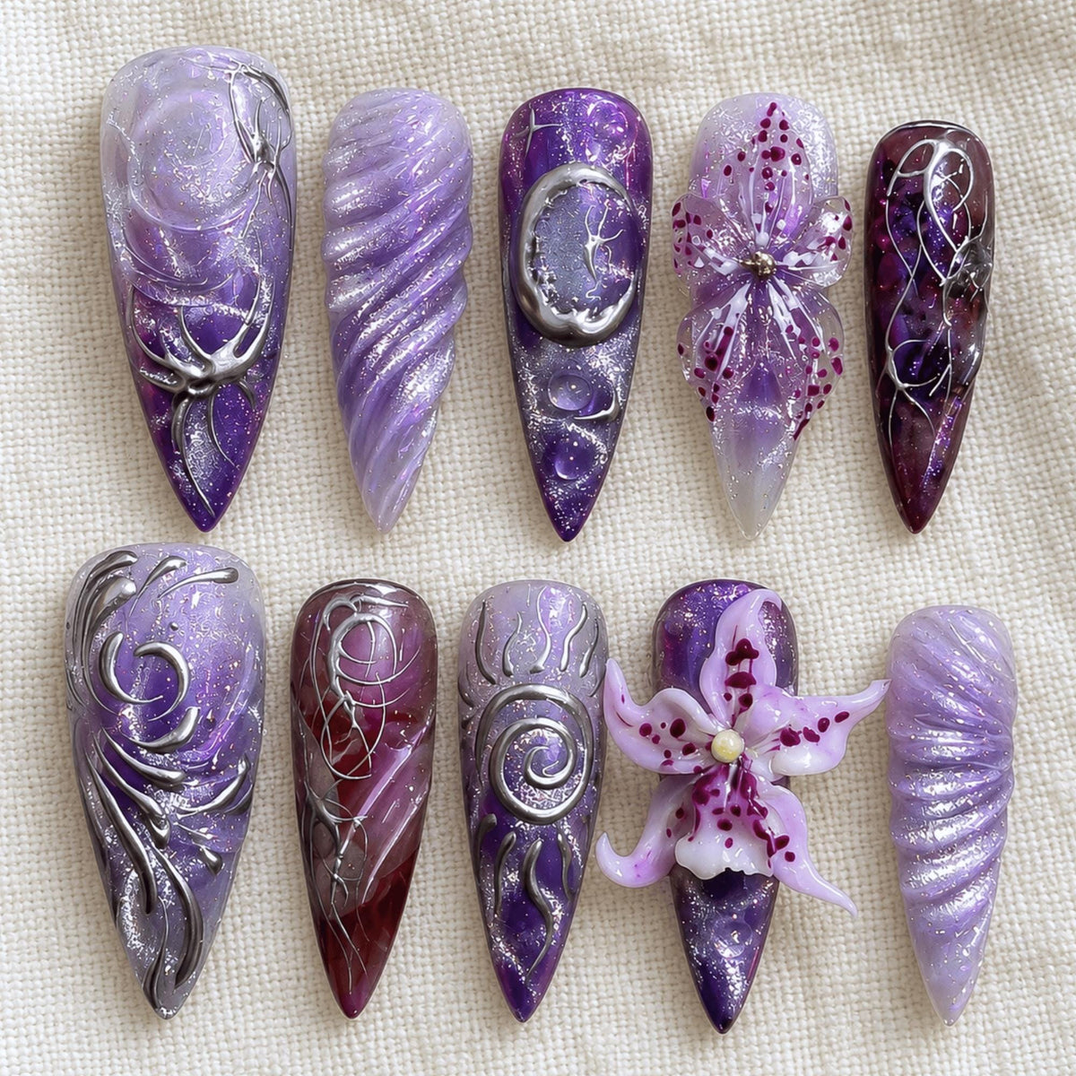 3D Purple Chrome Press On Nails, Gothic Flower Nails, Cyber Floral Nail Art