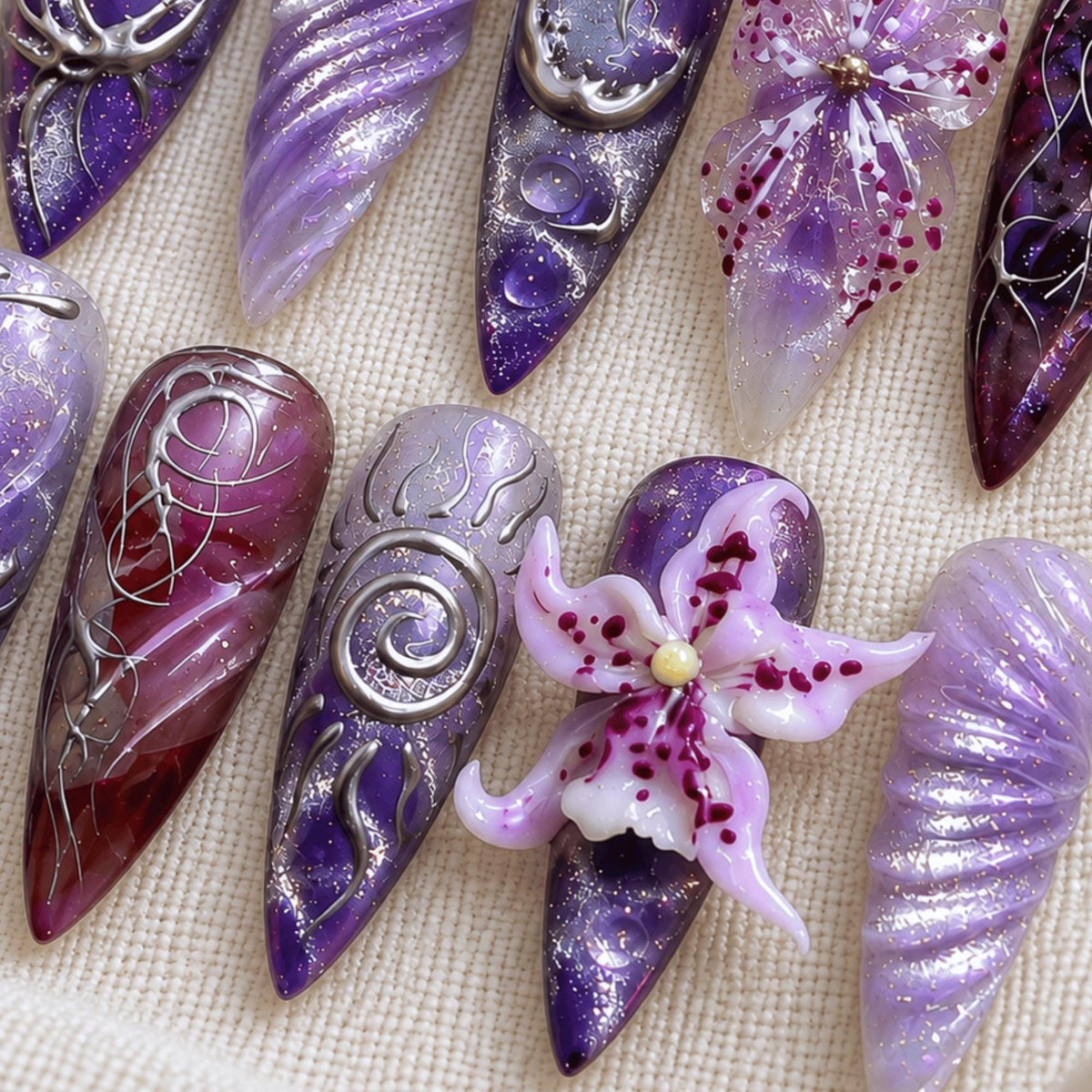 3D Purple Chrome Press On Nails, Gothic Flower Nails, Cyber Floral Nail Art