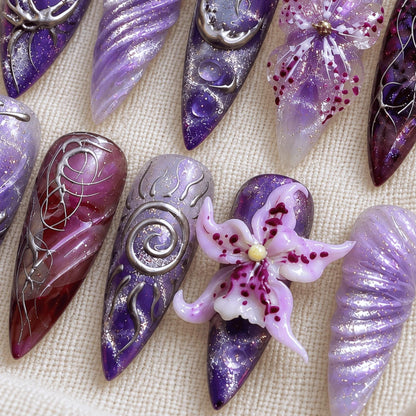 3D Purple Chrome Press On Nails, Gothic Flower Nails, Cyber Floral Nail Art