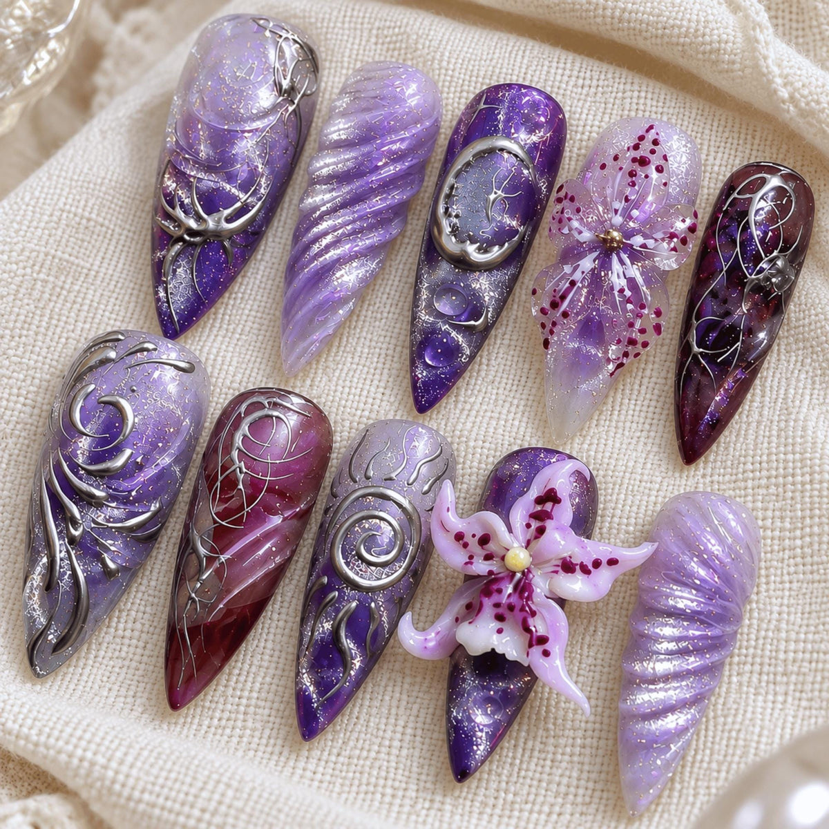 3D Purple Chrome Press On Nails, Gothic Flower Nails, Cyber Floral Nail Art