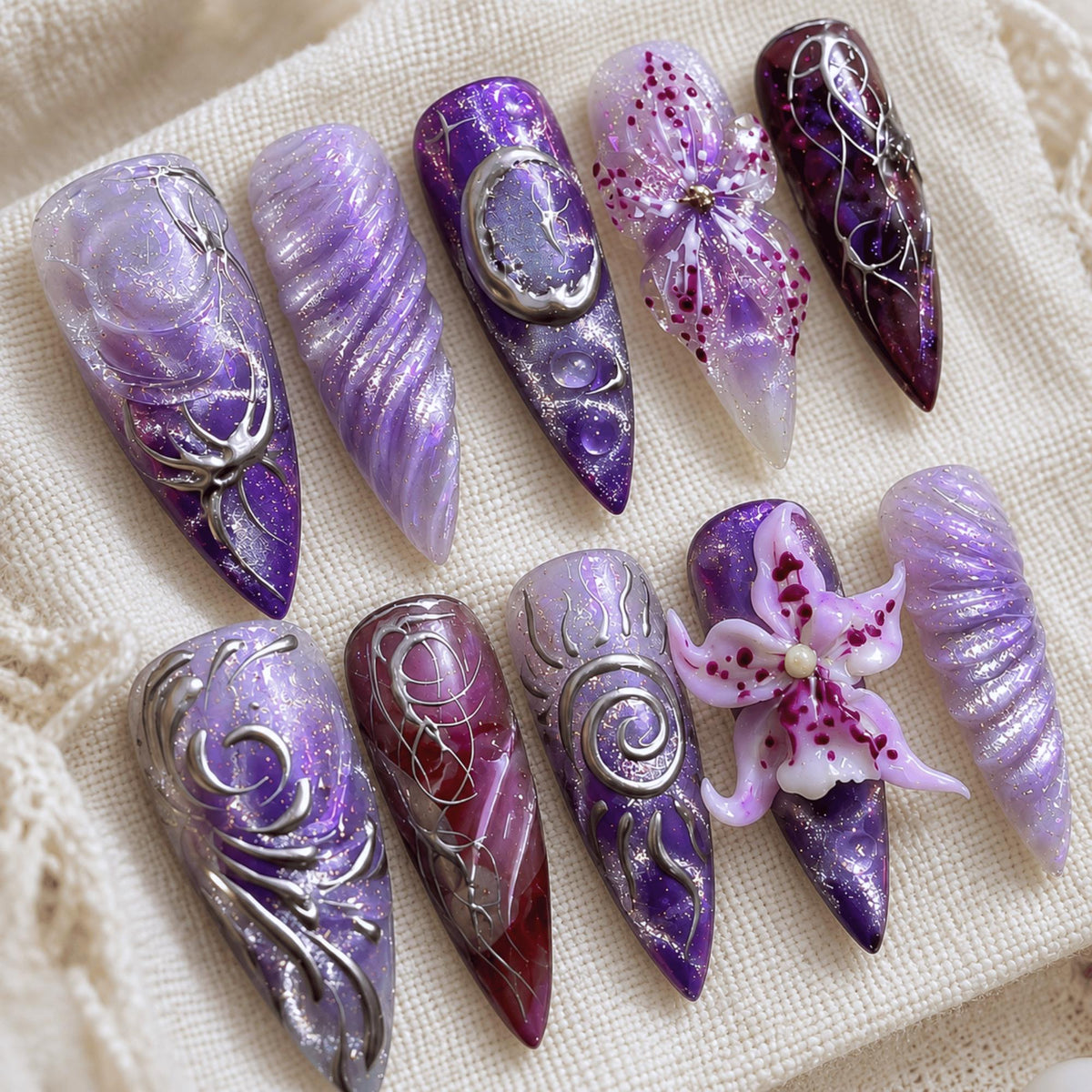 3D Purple Chrome Press On Nails, Gothic Flower Nails, Cyber Floral Nail Art
