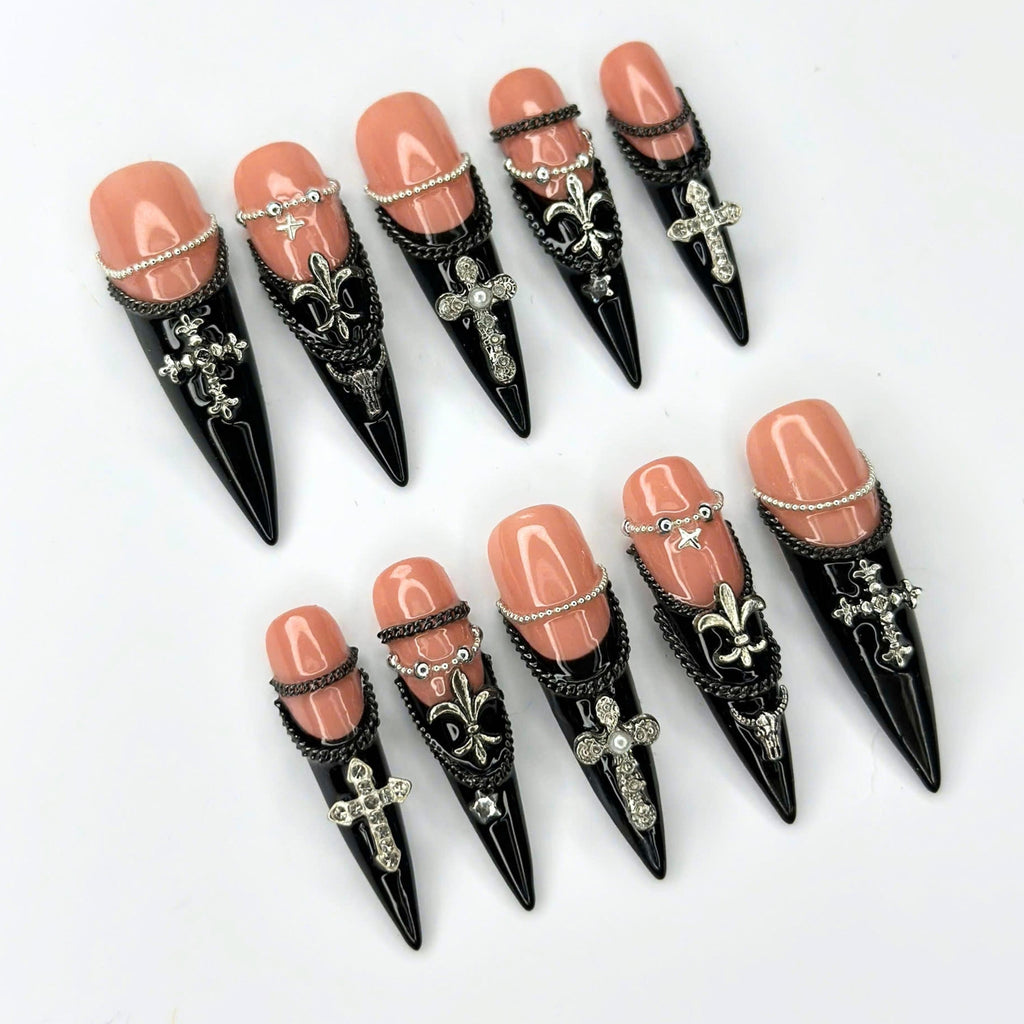 Gothic Press On Nails | Silver Cross & Butterfly Charms | Black Chain Nail Art | Dark Jewelry Long Stiletto Press Ons | JB681UI