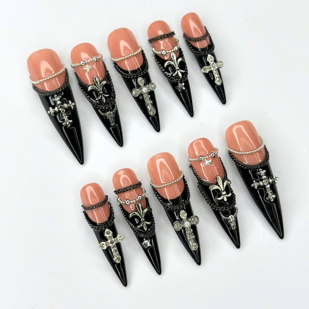 Gothic Press On Nails | Silver Cross & Butterfly Charms | Black Chain Nail Art | Dark Jewelry Long Stiletto Press Ons | JB681UI