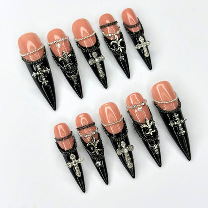 Gothic Press On Nails | Silver Cross & Butterfly Charms | Black Chain Nail Art | Dark Jewelry Long Stiletto Press Ons | JB681UI