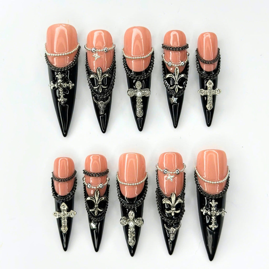 Gothic Press On Nails | Silver Cross & Butterfly Charms | Black Chain Nail Art | Dark Jewelry Long Stiletto Press Ons | JB681UI