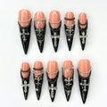 Gothic Press On Nails | Silver Cross & Butterfly Charms | Black Chain Nail Art | Dark Jewelry Long Stiletto Press Ons | JB681UI