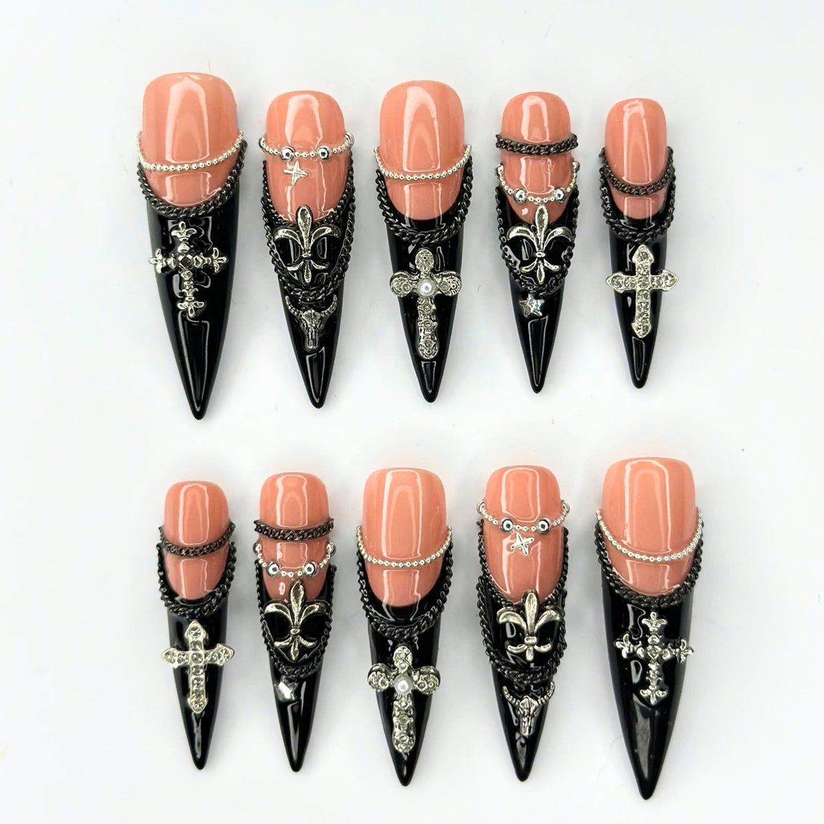 Gothic Press On Nails | Silver Cross & Butterfly Charms | Black Chain Nail Art | Dark Jewelry Long Stiletto Press Ons | JB681UI