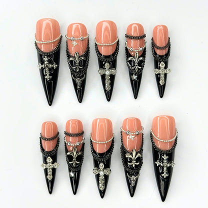 Gothic Press On Nails | Silver Cross & Butterfly Charms | Black Chain Nail Art | Dark Jewelry Long Stiletto Press Ons | JB681UI