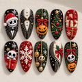 Nightmare Christmas Press On Nails, 3D Skeleton Pumpkin Gift Fake Nails, Snowflake Tree Gel Nails, Gothic Holiday Nails