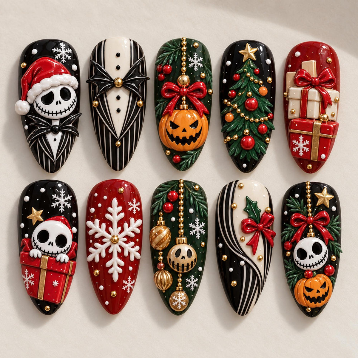 Nightmare Christmas Press On Nails, 3D Skeleton Pumpkin Gift Fake Nails, Snowflake Tree Gel Nails, Gothic Holiday Nails