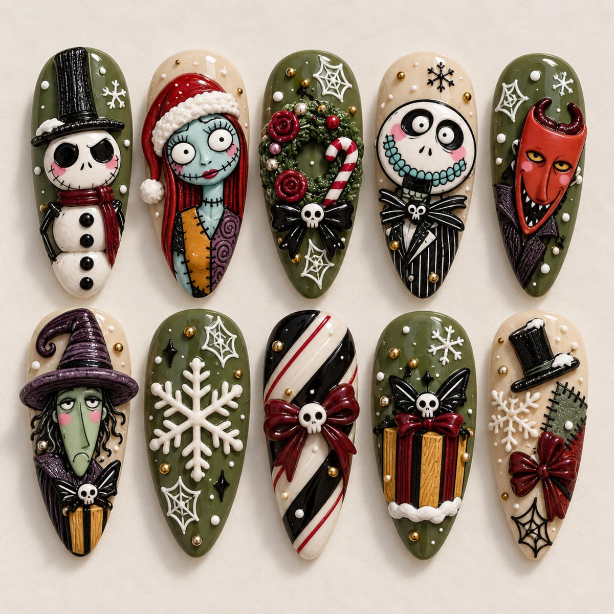 Spooky Christmas Press On Nails, 3D Skeleton Doll Wreath Fake Nails, Snowflake Gift Gel Nails, Gothic Nightmare Holiday Nails