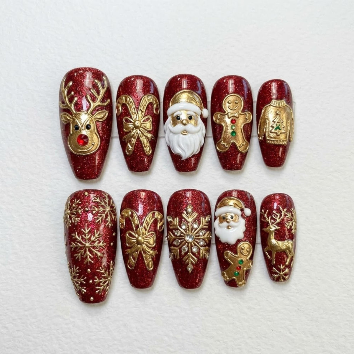 Red Glitter Christmas Press On Nails, 3D Santa Reindeer Gingerbread Fake Nails, Gold Snowflake Candy Cane Gel Nails, Festive Nails