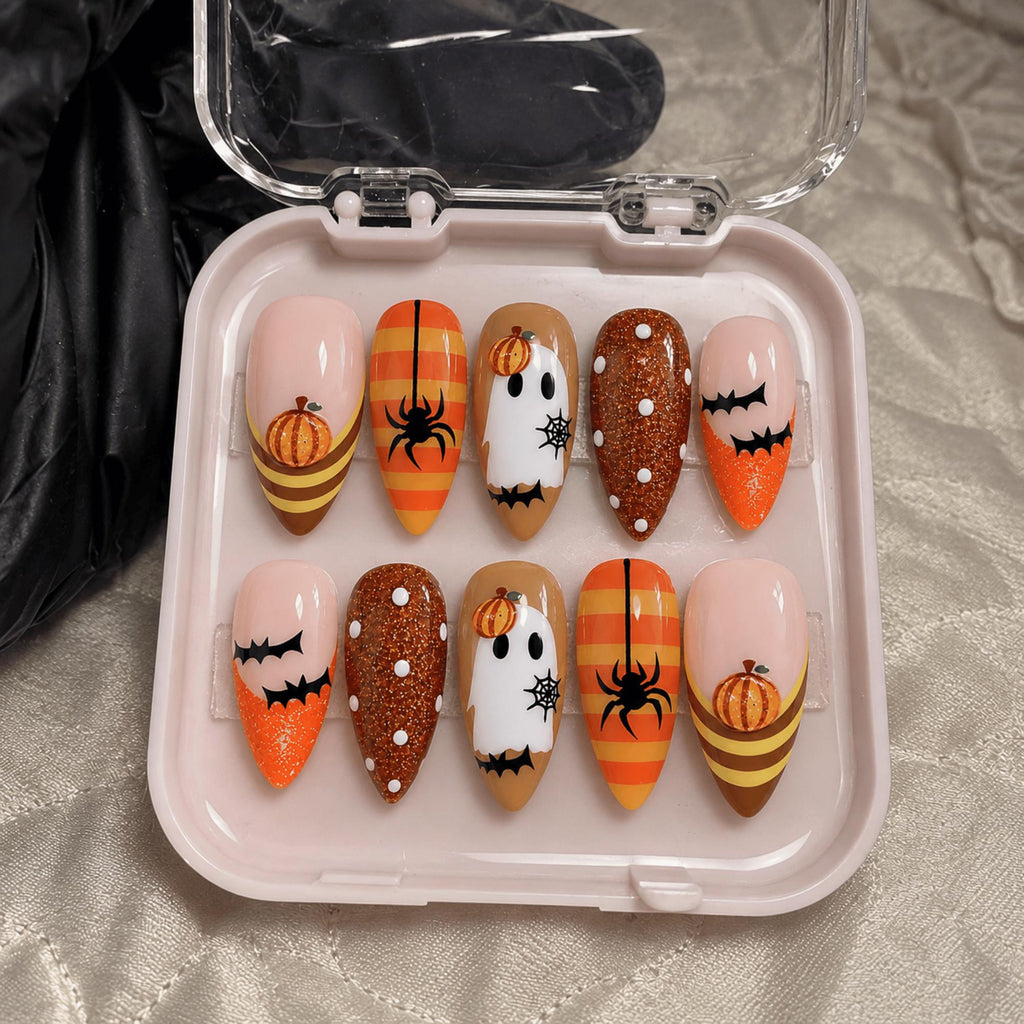 3D Halloween Press On Nails, Cute Ghost Pumpkin Nail Art, Handmade Spider Fake Nails