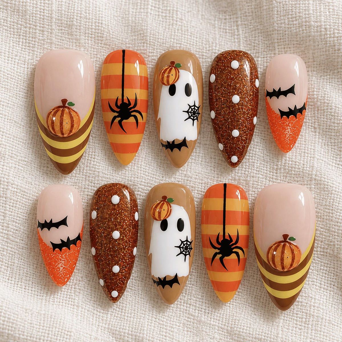 3D Halloween Press On Nails, Cute Ghost Pumpkin Nail Art, Handmade Spider Fake Nails