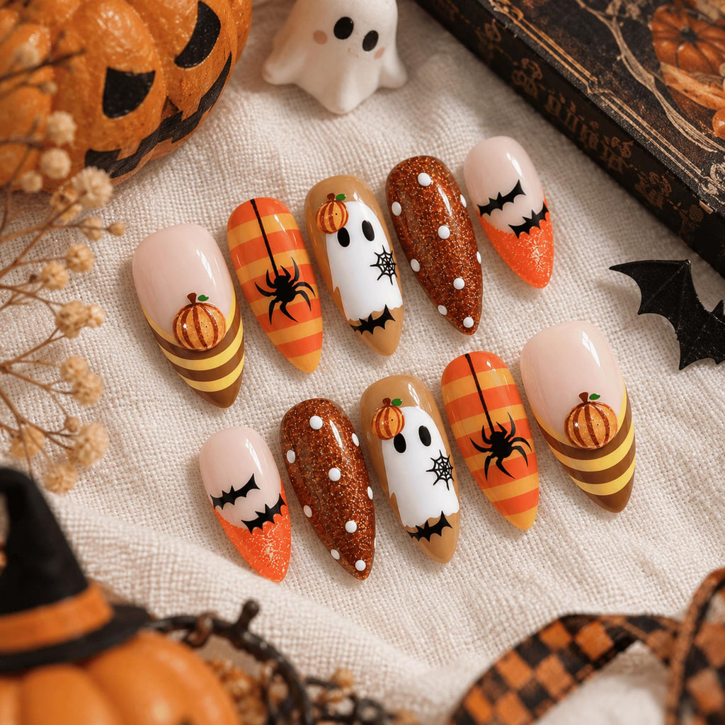 3D Halloween Press On Nails, Cute Ghost Pumpkin Nail Art, Handmade Spider Fake Nails