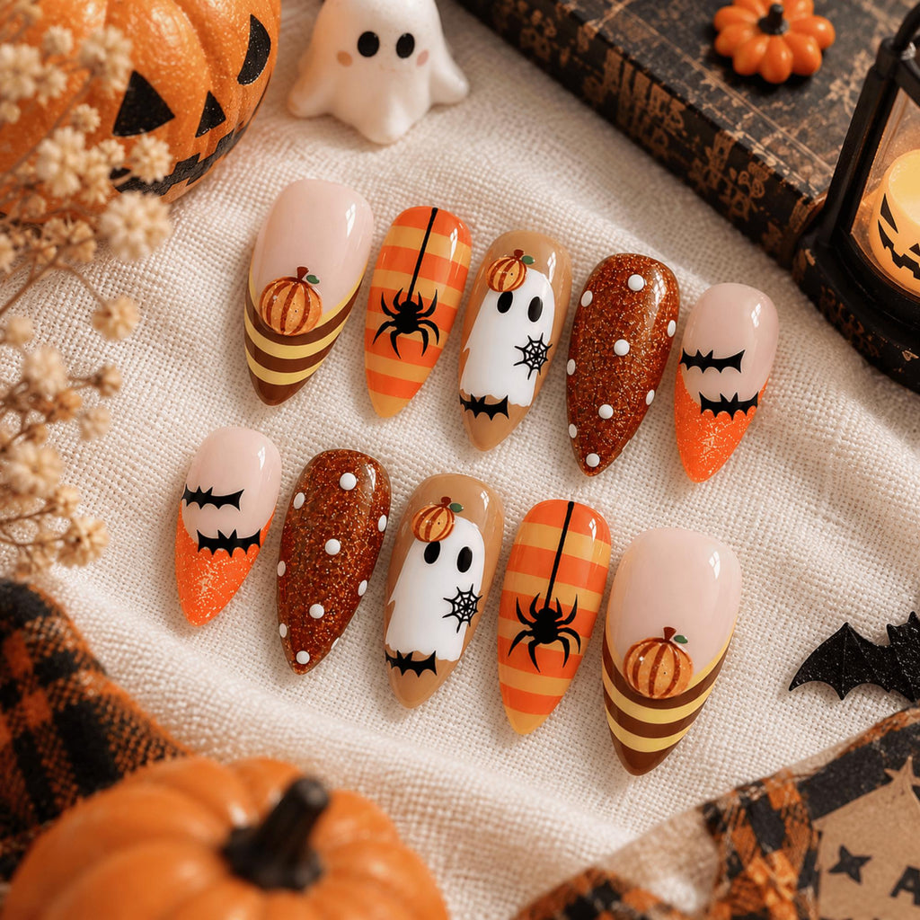 3D Halloween Press On Nails, Cute Ghost Pumpkin Nail Art, Handmade Spider Fake Nails