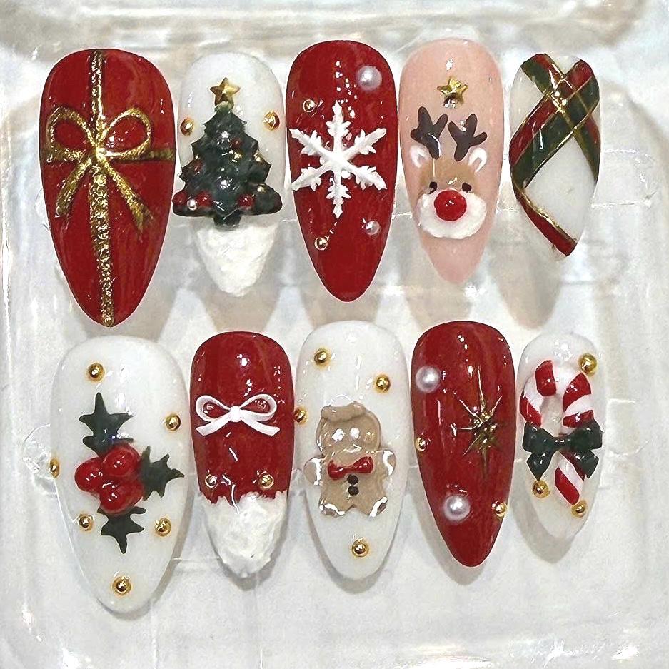 3D Christmas Press-On Nails, Red White Holiday Designs, Reindeer Snowflake (10 Pcs)