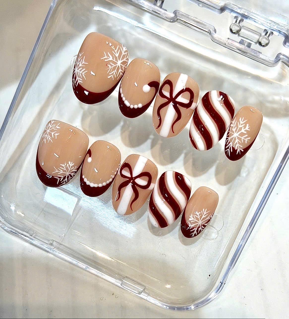 Handmade Christmas Press-On Nails, Red Snowflake, Candy Stripe, Bow Holiday Set