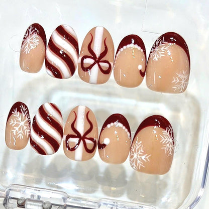 Handmade Christmas Press-On Nails, Red Snowflake, Candy Stripe, Bow Holiday Set