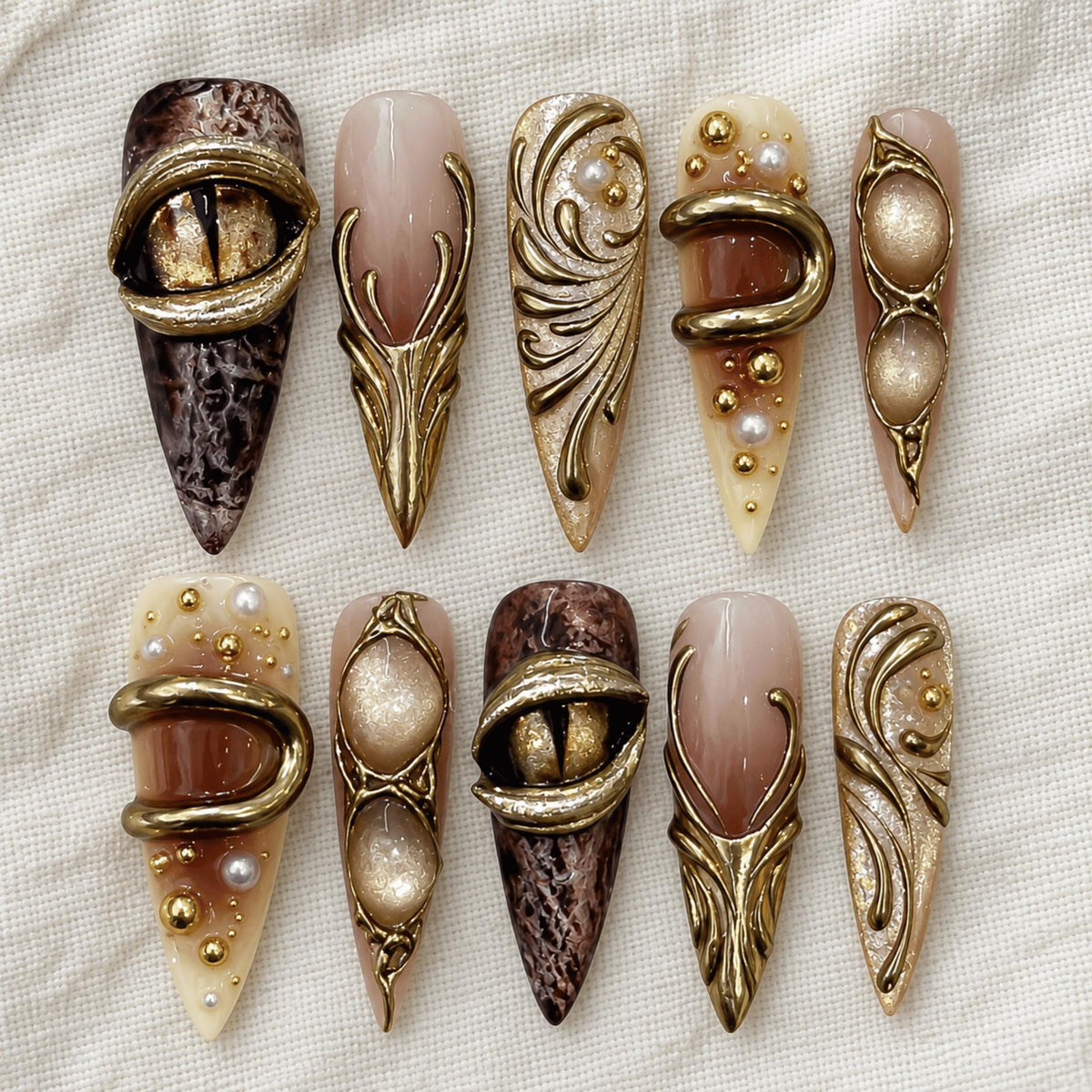 3D Gold Chrome Press On Nails, Y2K Cyber Fantasy Nail Art, Handmade Evil Eye Goth Nails