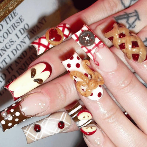 3D Apple Fall Press On Nails, Picnic Gingham Nails, Cottagecore Food Nail Art
