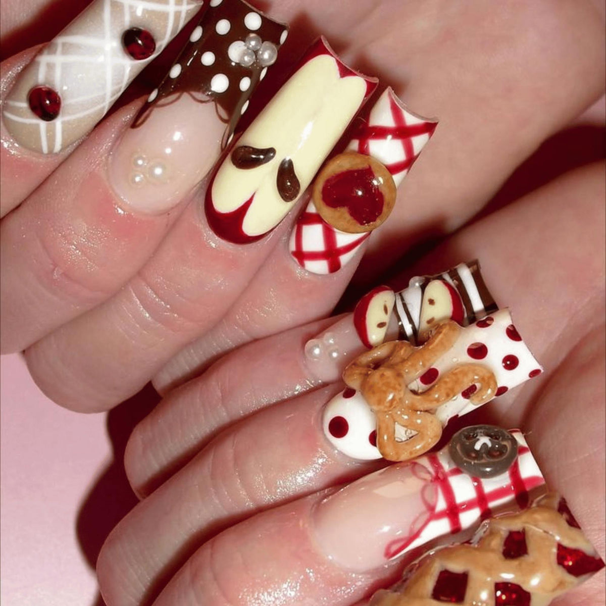 3D Apple Fall Press On Nails, Picnic Gingham Nails, Cottagecore Food Nail Art