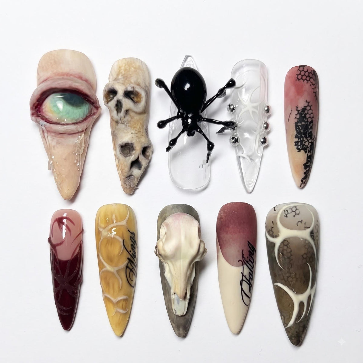 Gothic Horror Press On Nails | 3D Eyeball Spider Nail Art | Skull Bone Anatomy Nails | Creepy Halloween Handmade Press Ons | JA687U