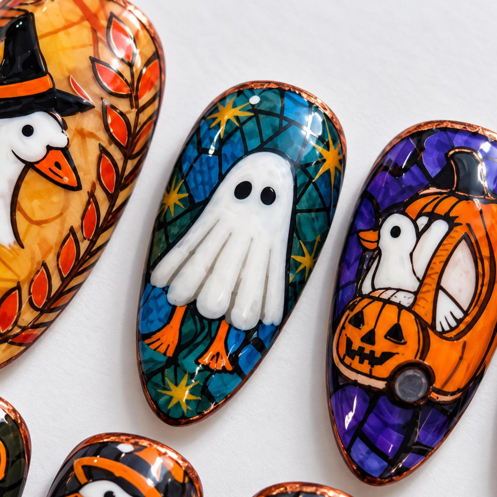 Cute Halloween Press On Nails | Goose Ghost Nail Art | Pumpkin Witch Nails | Colorful Spooky Nails | Handmade Fall Nail Set | JA684U