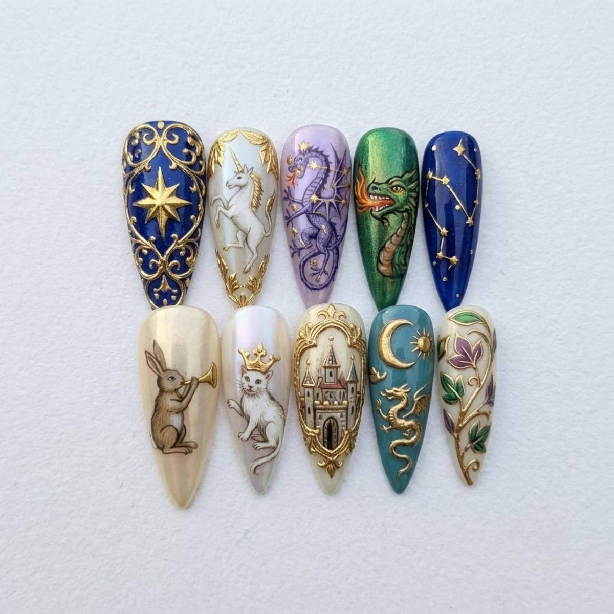 Fairytale Fantasy Press On Nails, Gold Dragon Unicorn Castle Fake Nails, Celestial Moon Rabbit Cat Gel Nails, Whimsical Medieval Nails