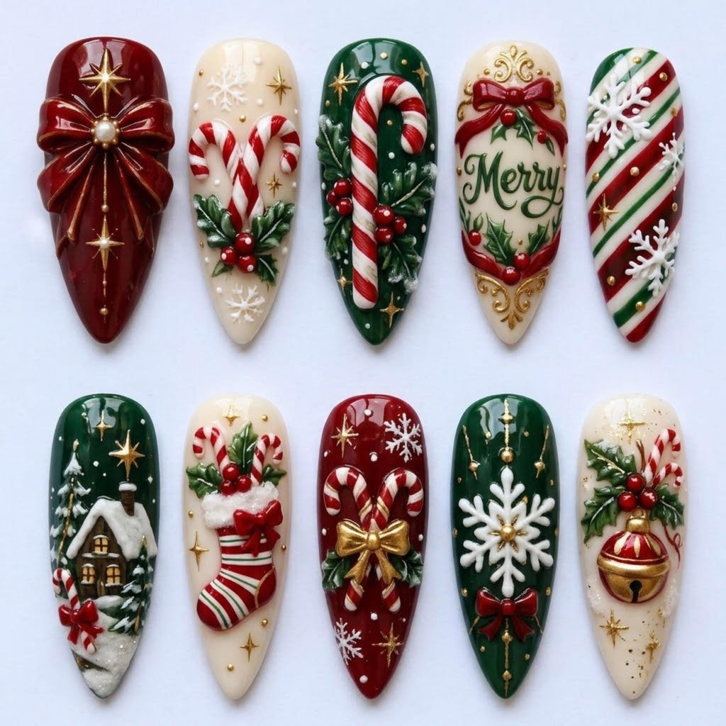 Christmas Press On Nails, 3D Candy Cane Bow Fake Nails, Snowflake Holly Bell Gel Nails, Cute Red Green Holiday Nails